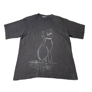 Vintage Womens Toi 80s 90s Black Cat T-Shirt with Jeweled Embellished Necklace M